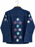Girls Denim Jacket with Colorful Flower Embroidery – Dark Blue & Medium Blue