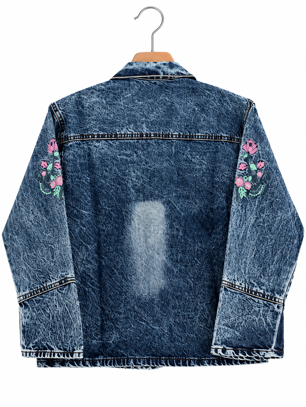 Blue Acid Wash Denim Jacket for Girls with Floral Embroidery