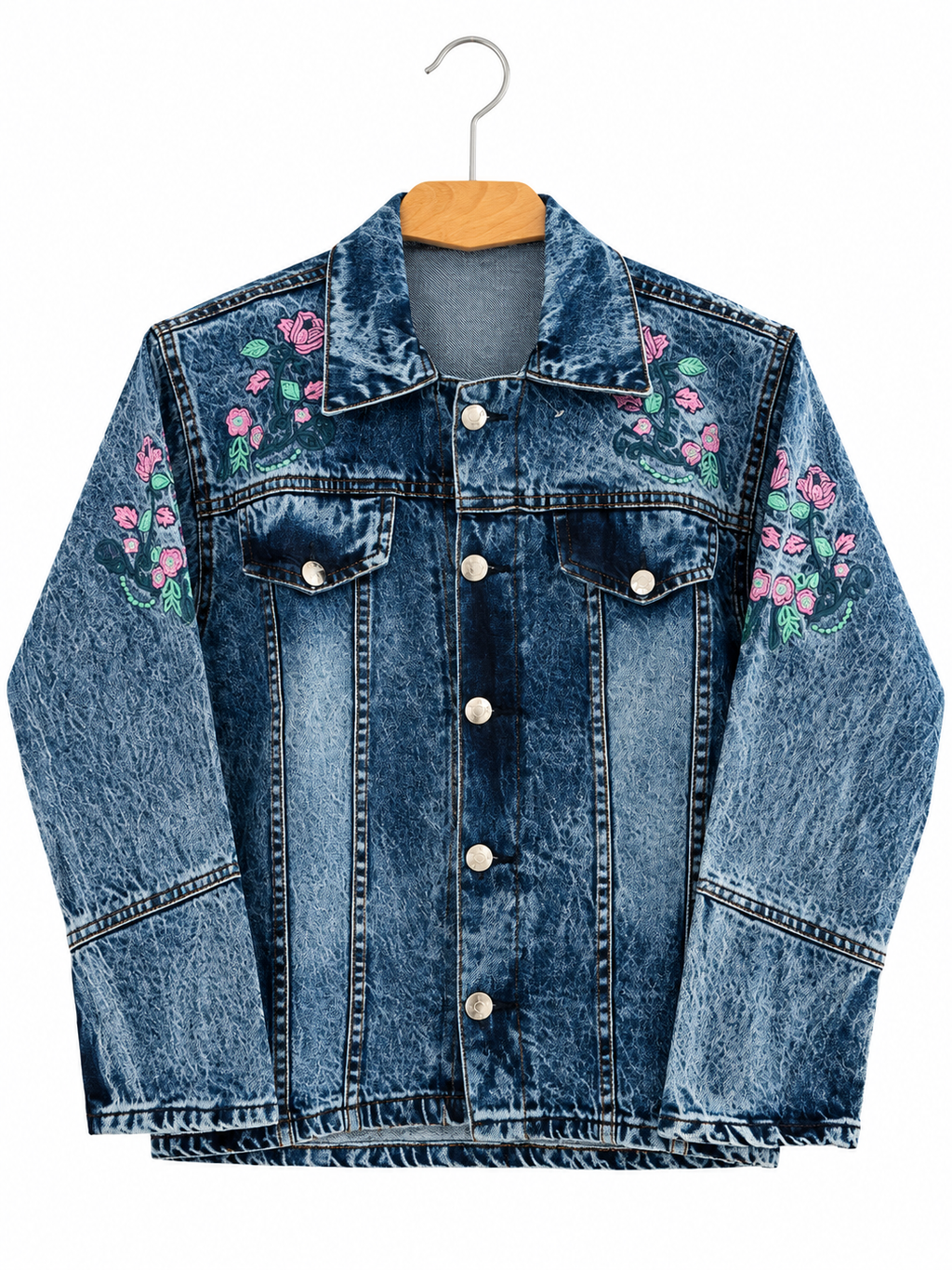 Denim Jacket with Rose Embroidery for Girls