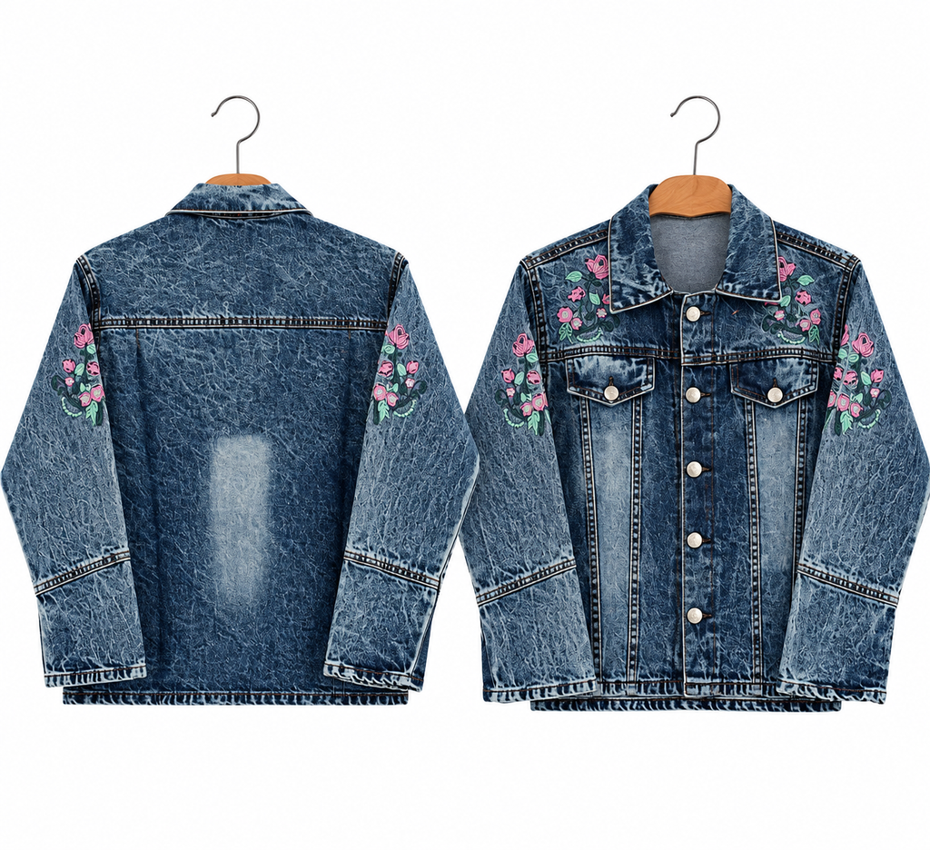 Denim Jacket with Rose Embroidery for Girls