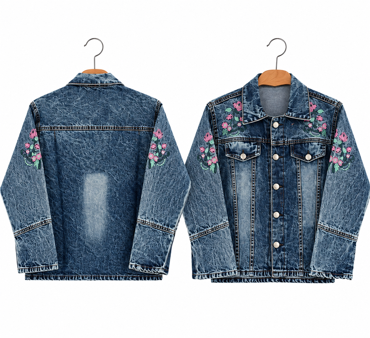Denim Jacket with Rose Embroidery for Girls