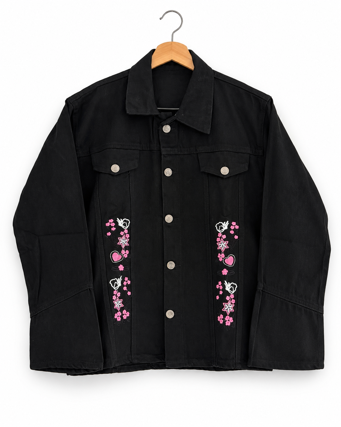 Black Denim Jacket with Pink Flower Embroidery – Girls