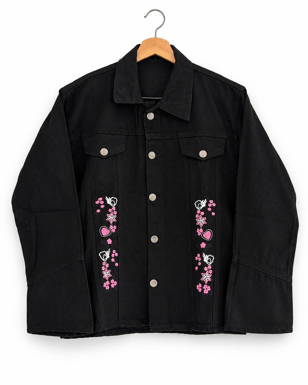 Black Denim Jacket for Girls with Pink Floral Embroidery
