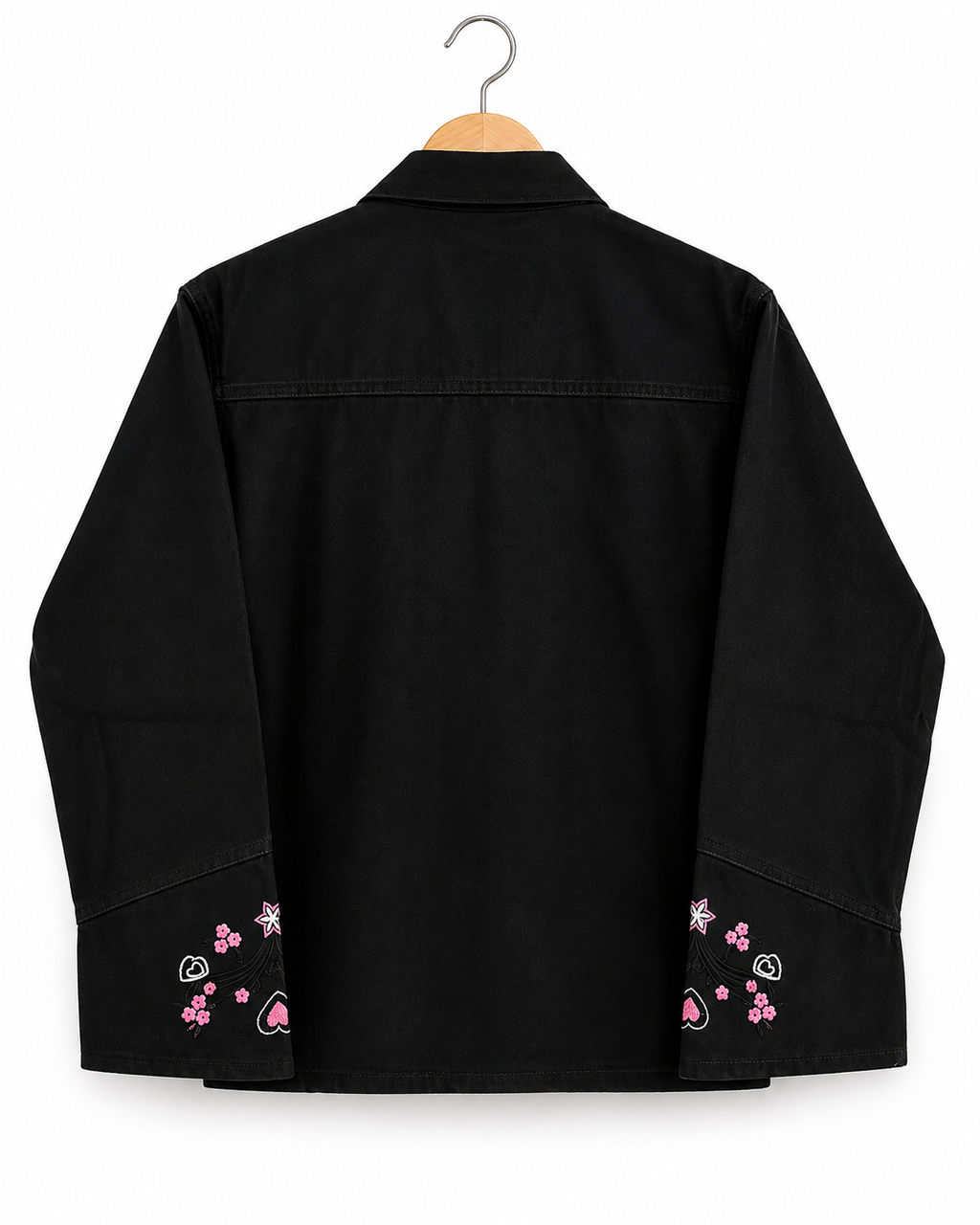 Black Denim Jacket with Pink Flower Embroidery – Girls