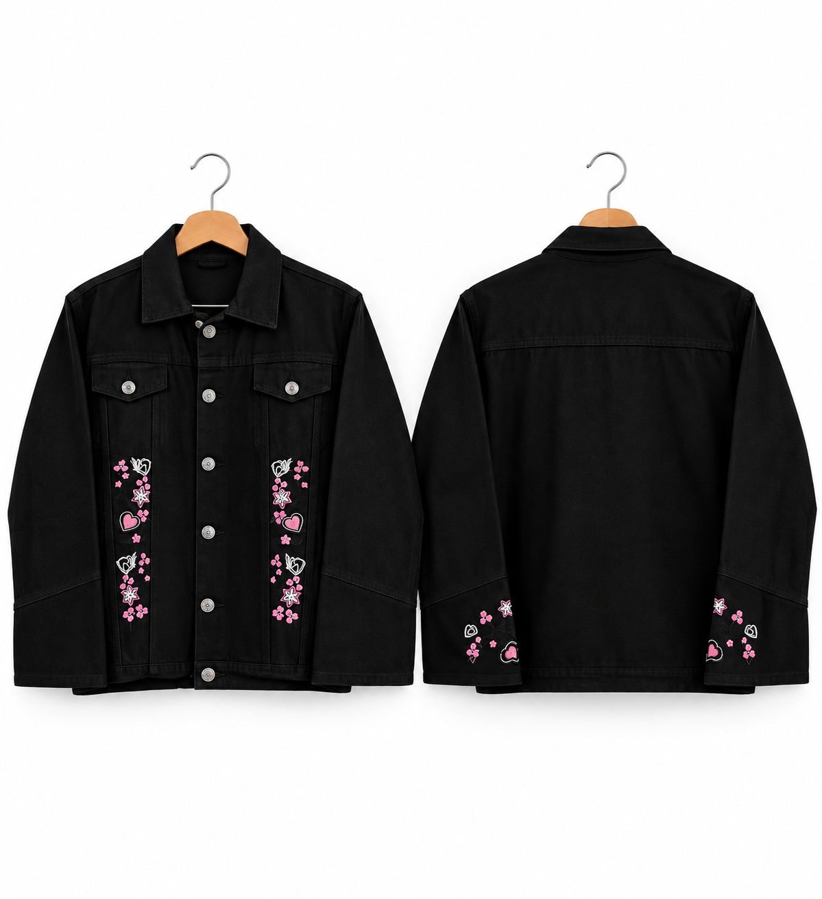 Black Denim Jacket with Pink Flower Embroidery – Girls