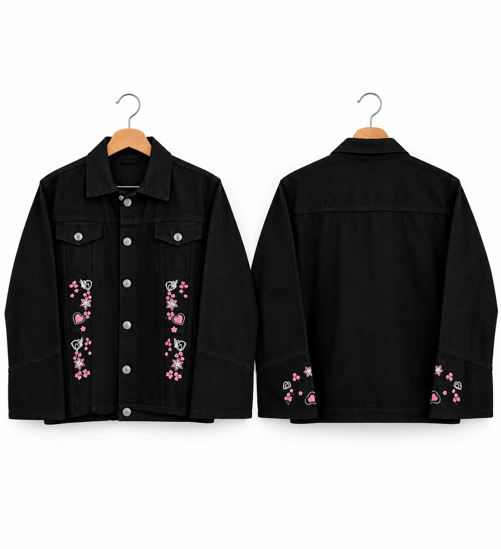 Black Denim Jacket for Girls with Pink Floral Embroidery