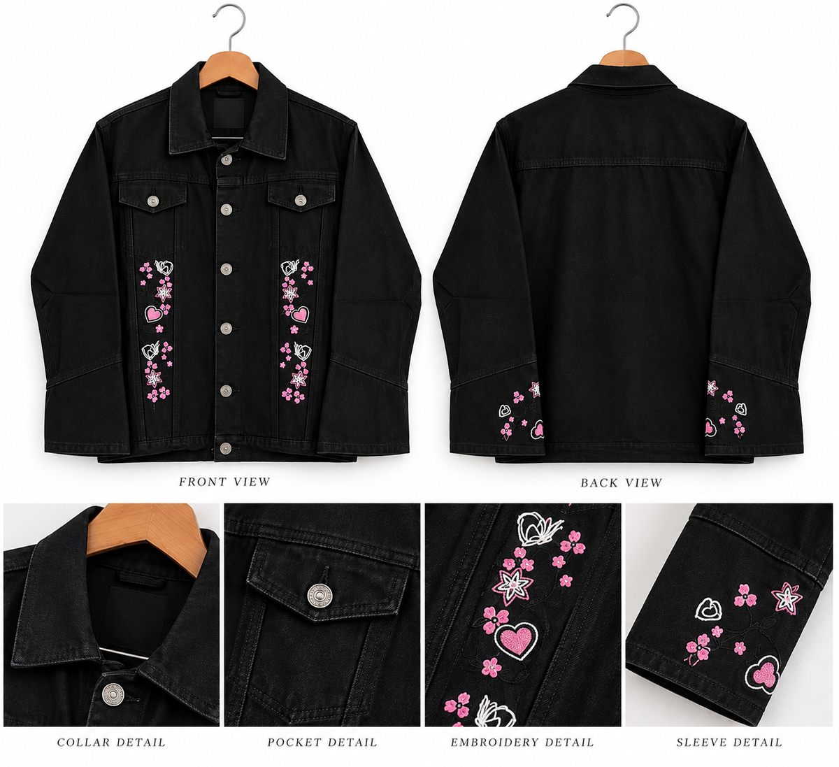 Black Denim Jacket with Pink Flower Embroidery – Girls