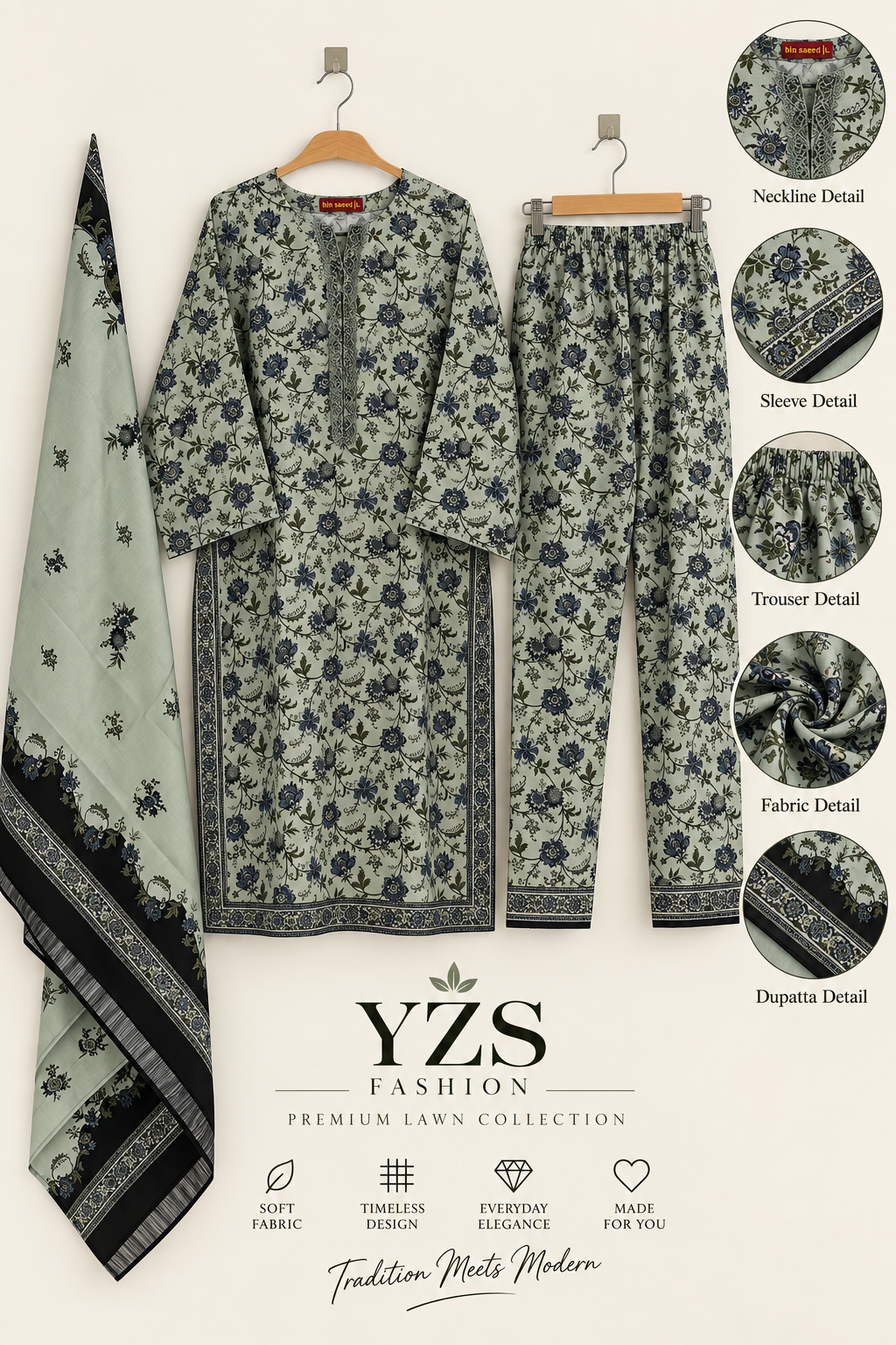 Sage Green Floral Print 3-Piece Suit