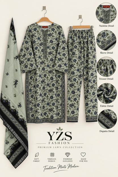 Sage Green Floral Print 3 Piece Suit for Women - Shirt, Trouser & Black Border Dupatta