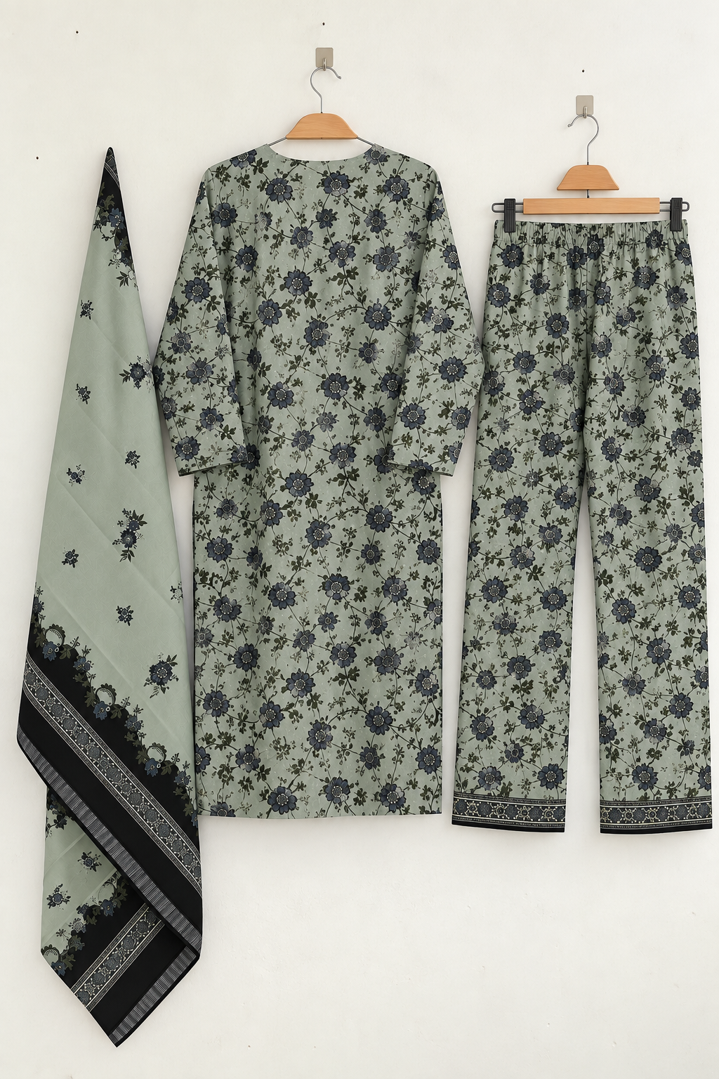 Sage Green Floral Print 3-Piece Suit