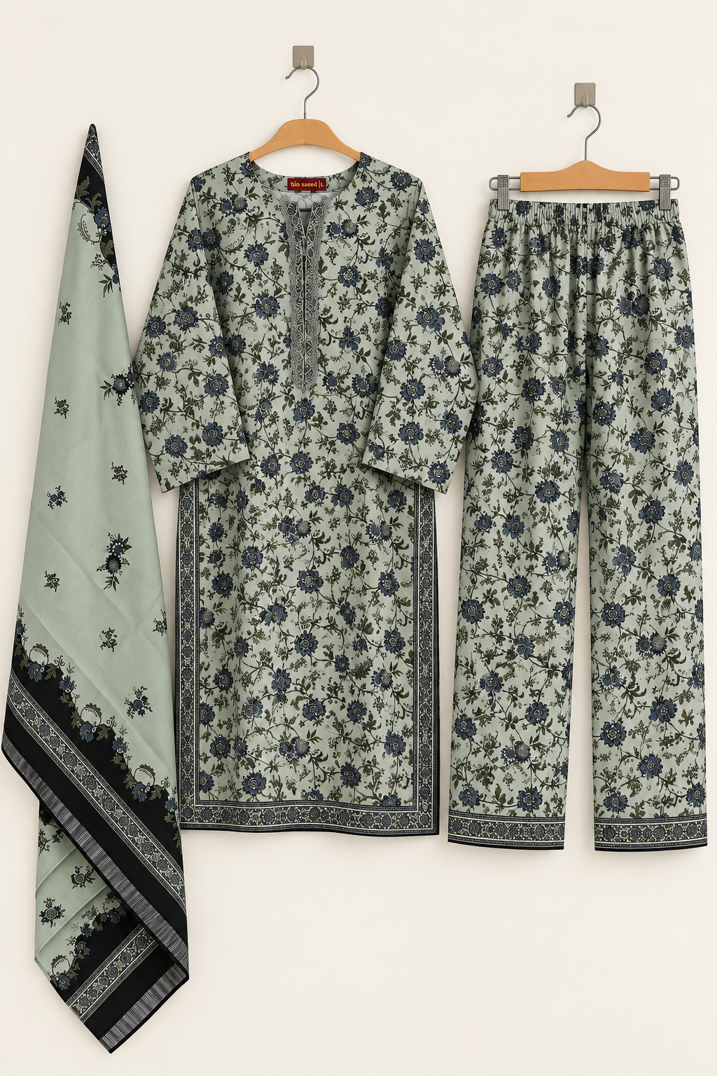 Sage Green Floral Print 3-Piece Suit