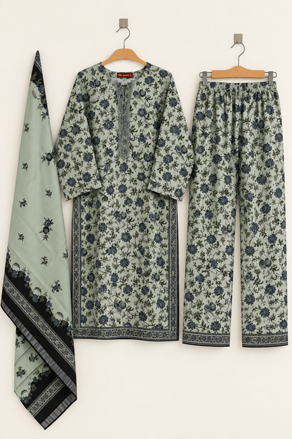 Sage Green Floral Print 3 Piece Suit for Women - Shirt, Trouser & Black Border Dupatta