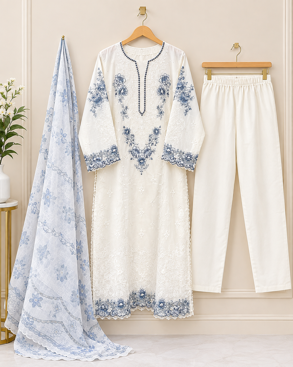 Embroidered Cotton 3 Piece Suit for Women