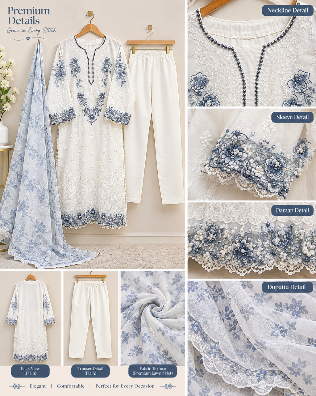 Embroidered Cotton 3 Piece Suit for Women