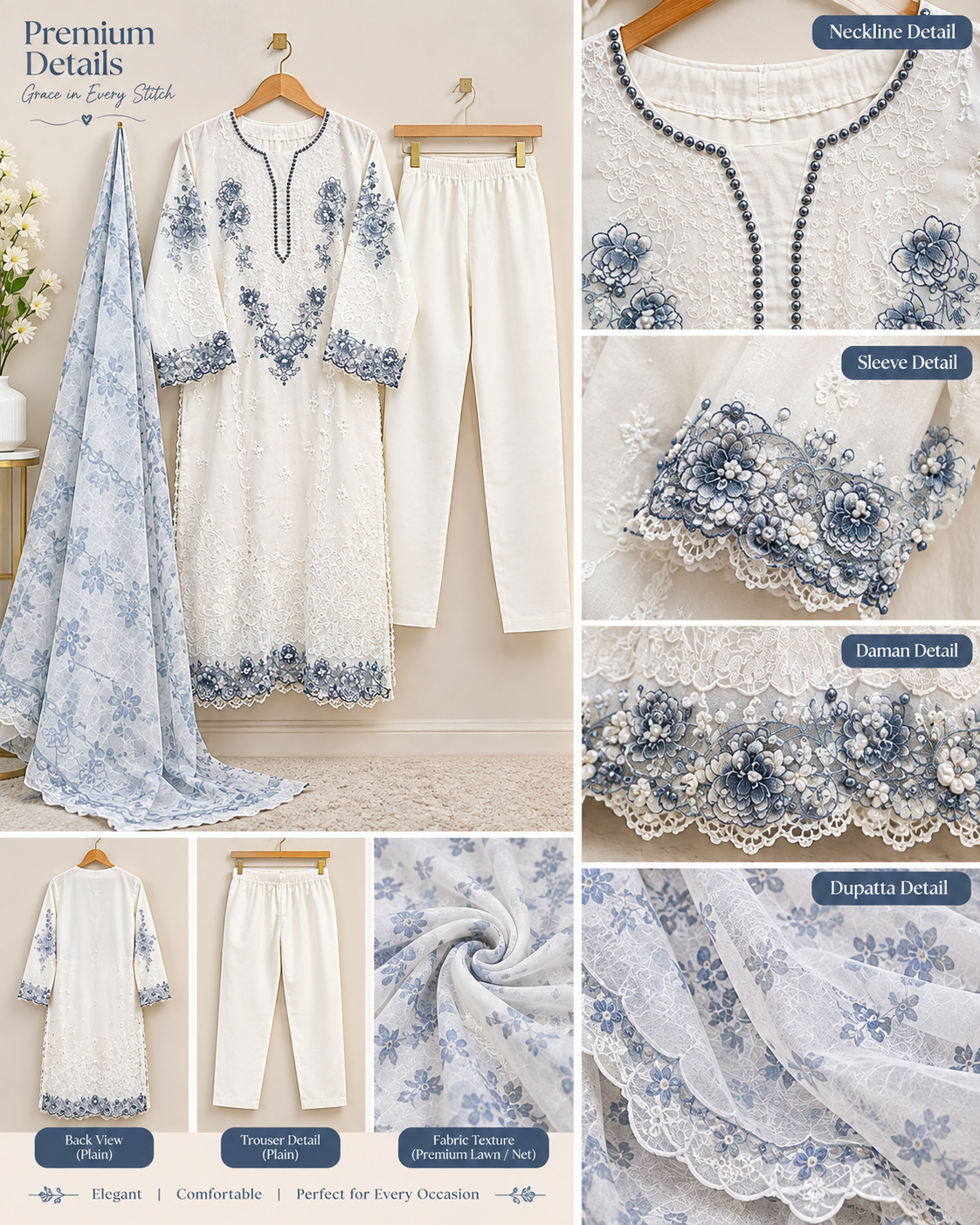 Embroidered Cotton 3 Piece Suit for Women