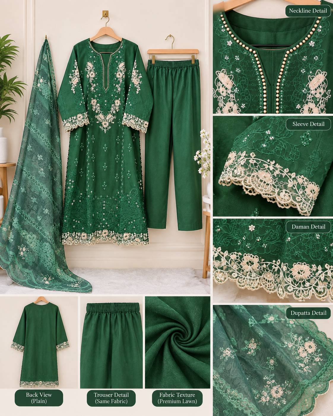Embroidered Cotton 3 Piece Suit for Women