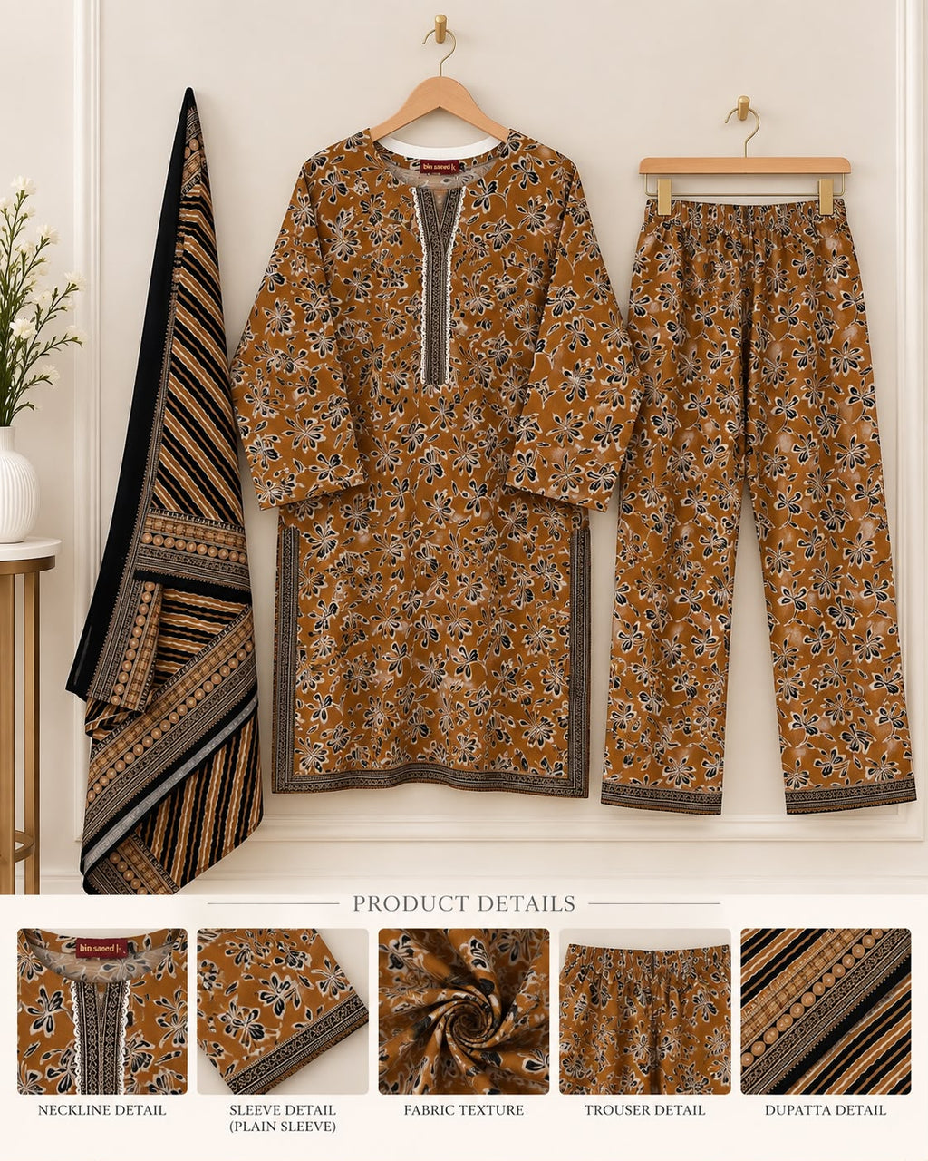 Mustard Floral 3 Piece khadar Suit