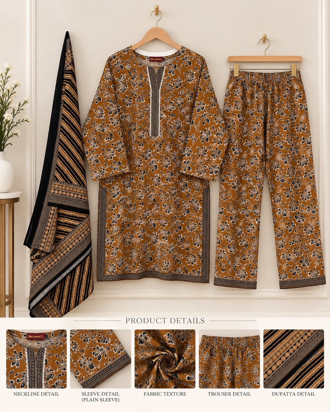 Mustard Floral 3 Piece khadar Suit