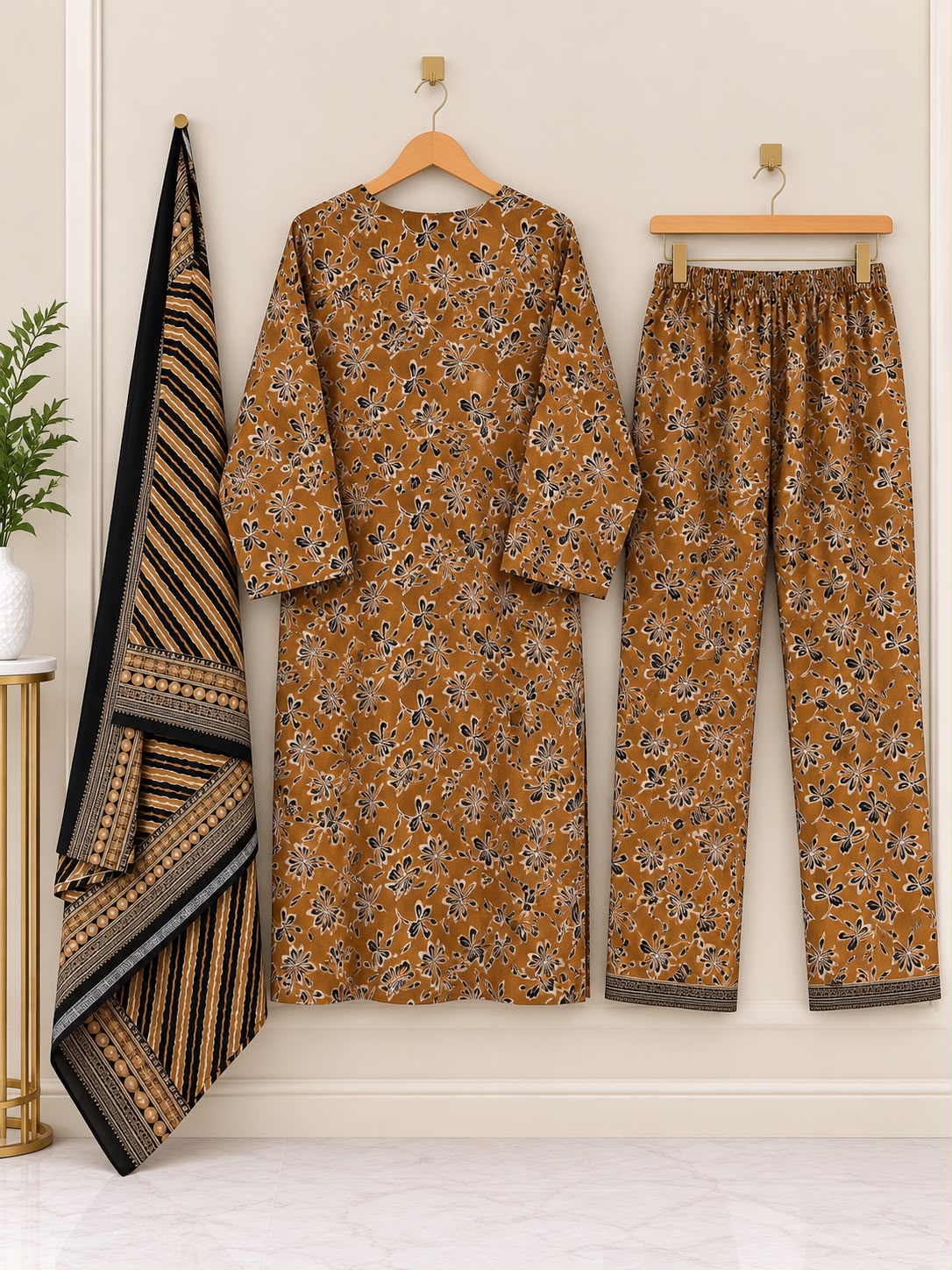 Women 3 Piece Suit in Mustard Brown Flower Print with Dupatta