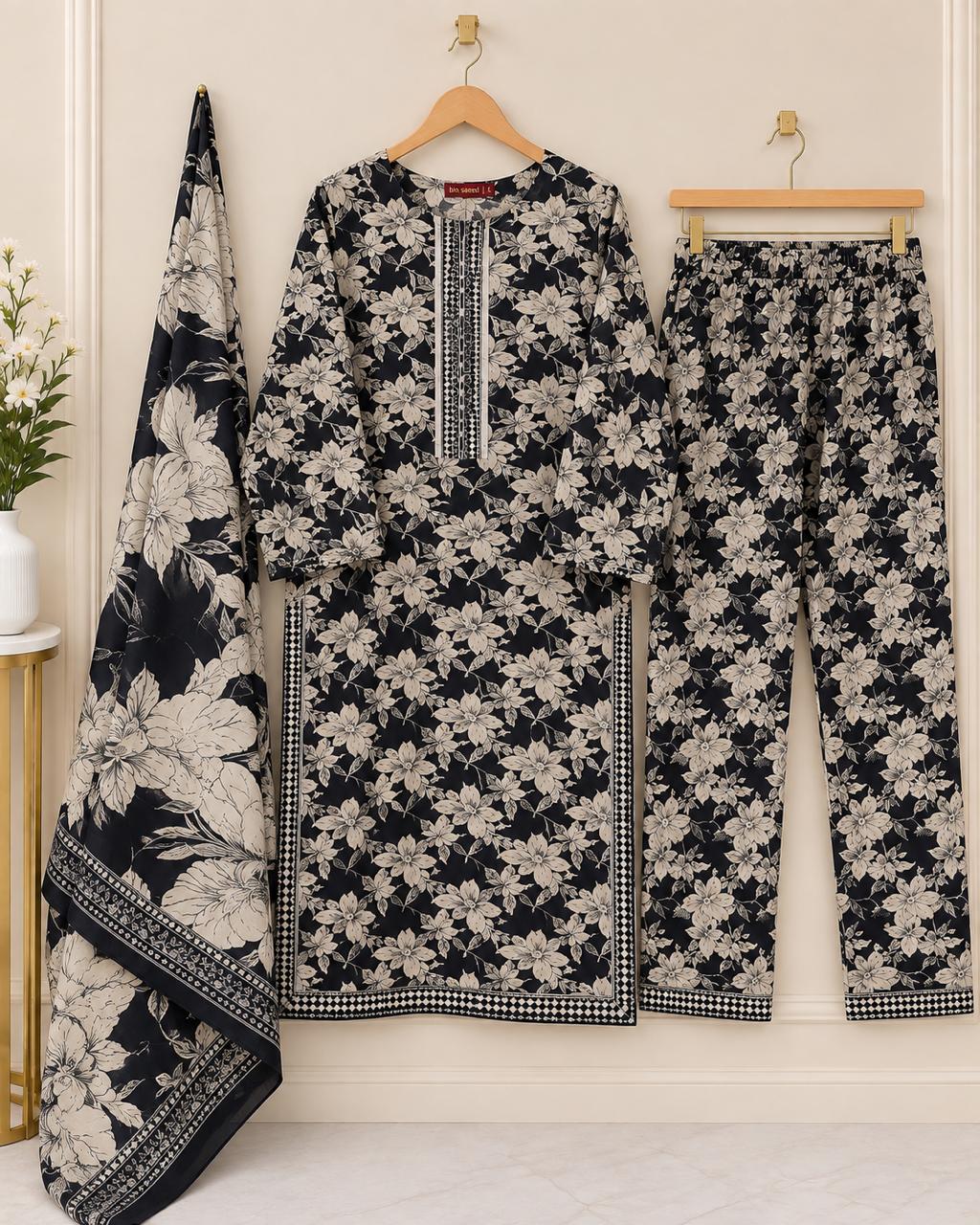 Navy Floral 3 Piece Cotton Suit