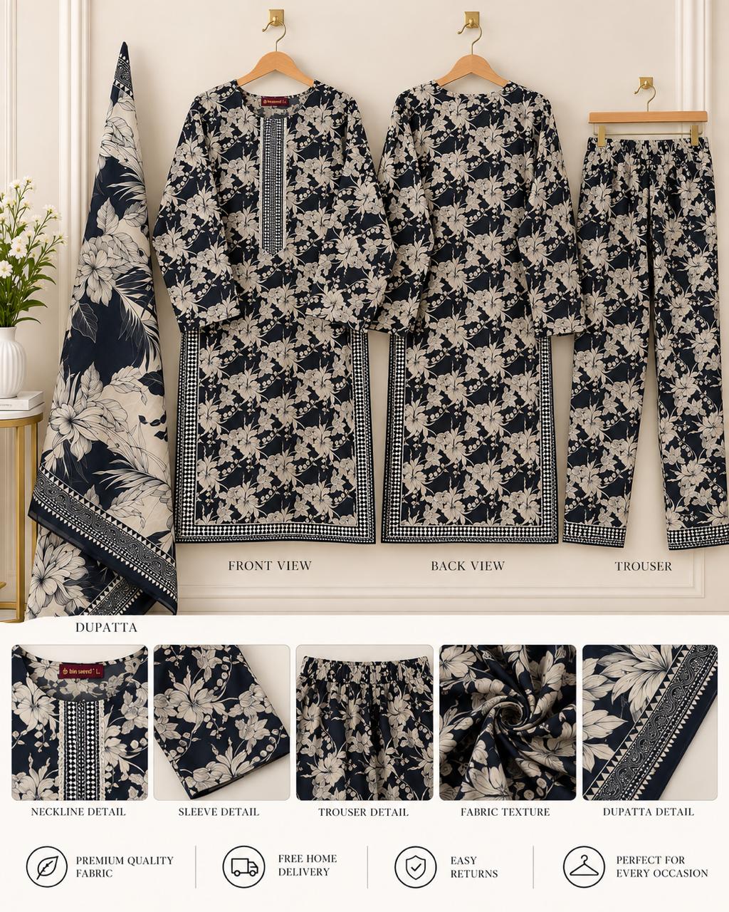 Navy Floral 3 Piece Cotton Suit