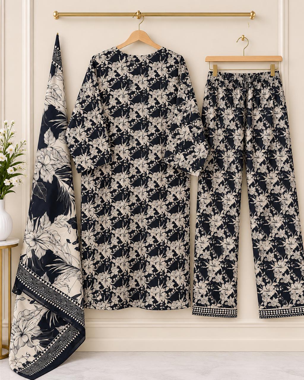 Navy Floral 3 Piece Cotton Suit
