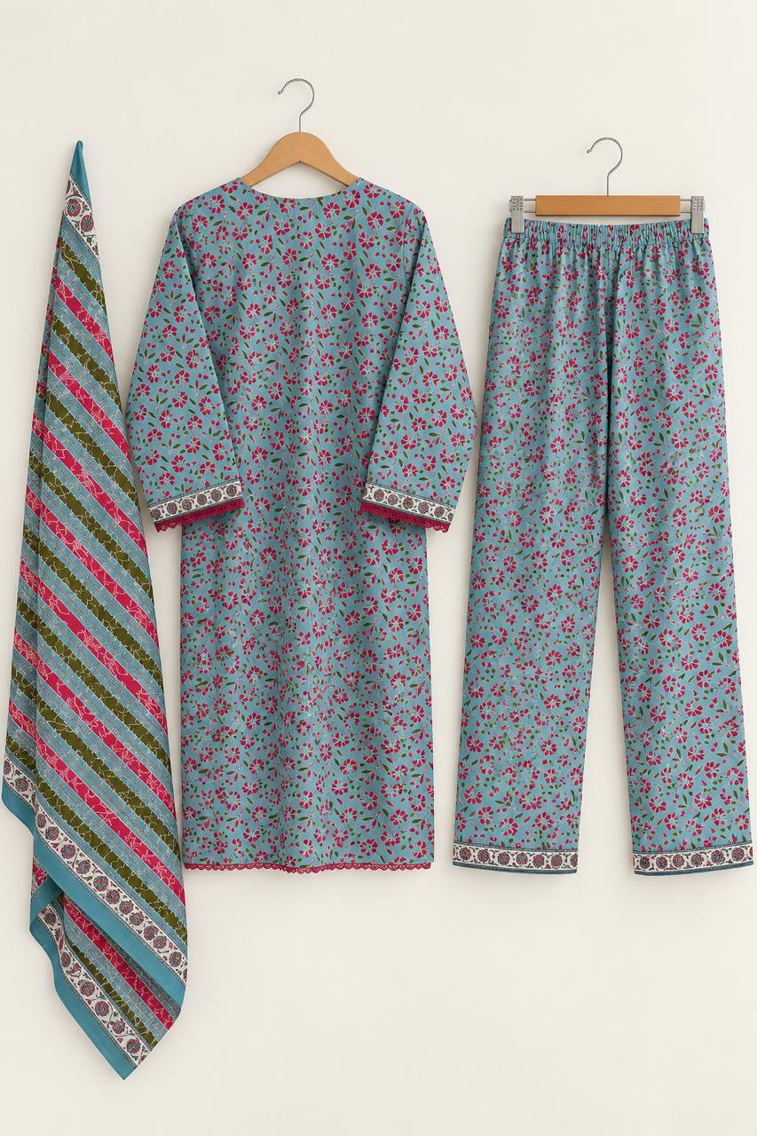 Sky Blue Floral 3 Piece Khaddar Suit