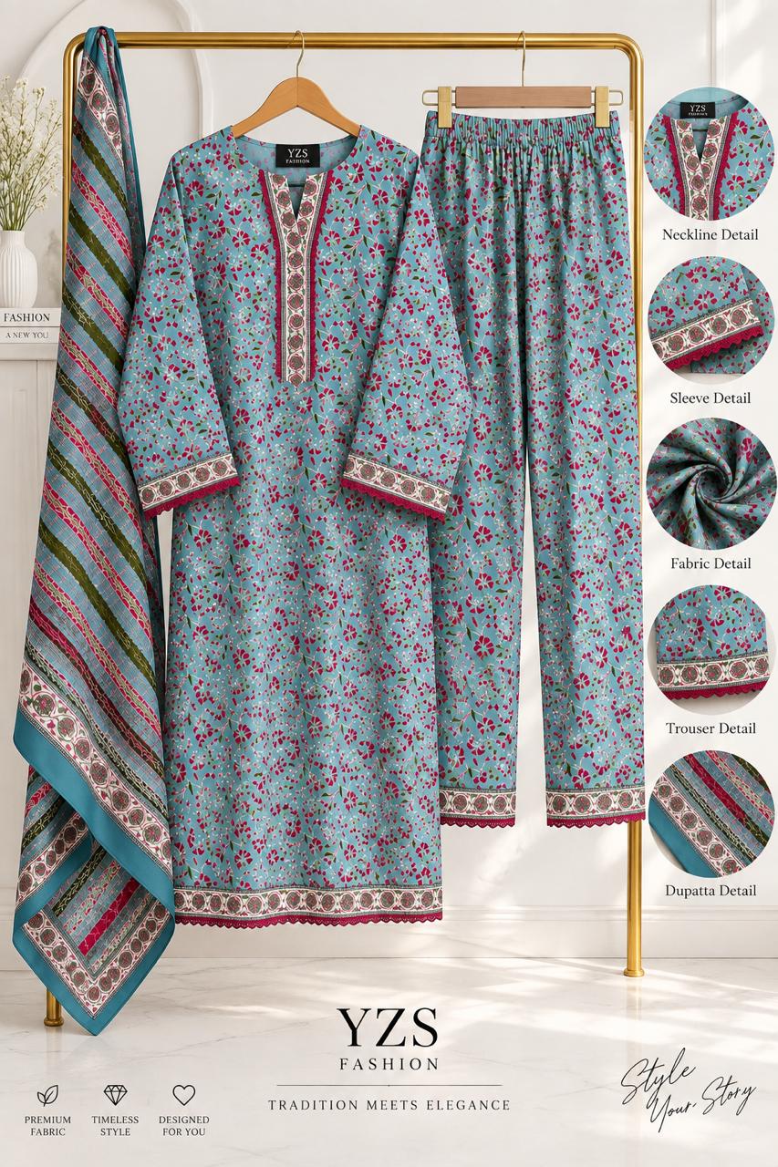Sky Blue Floral 3 Piece Khaddar Suit