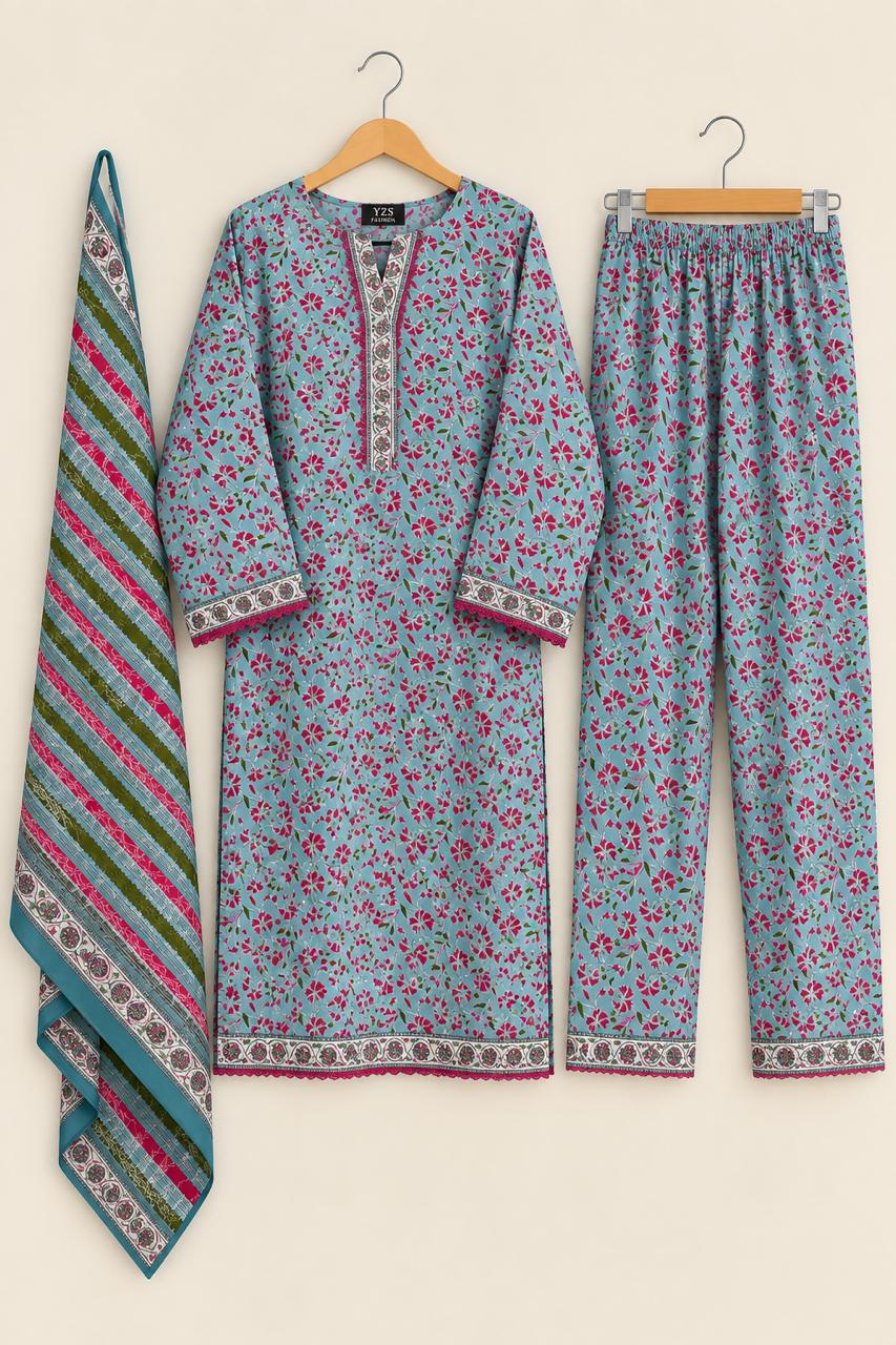 Sky Blue Floral 3 Piece Khaddar Suit