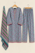 Sky Blue Floral 3 Piece Khaddar Suit