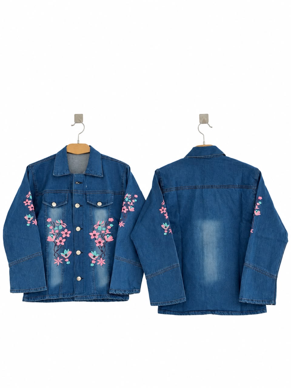 Blue Denim Jacket with Pink Floral Embroidery – Girls