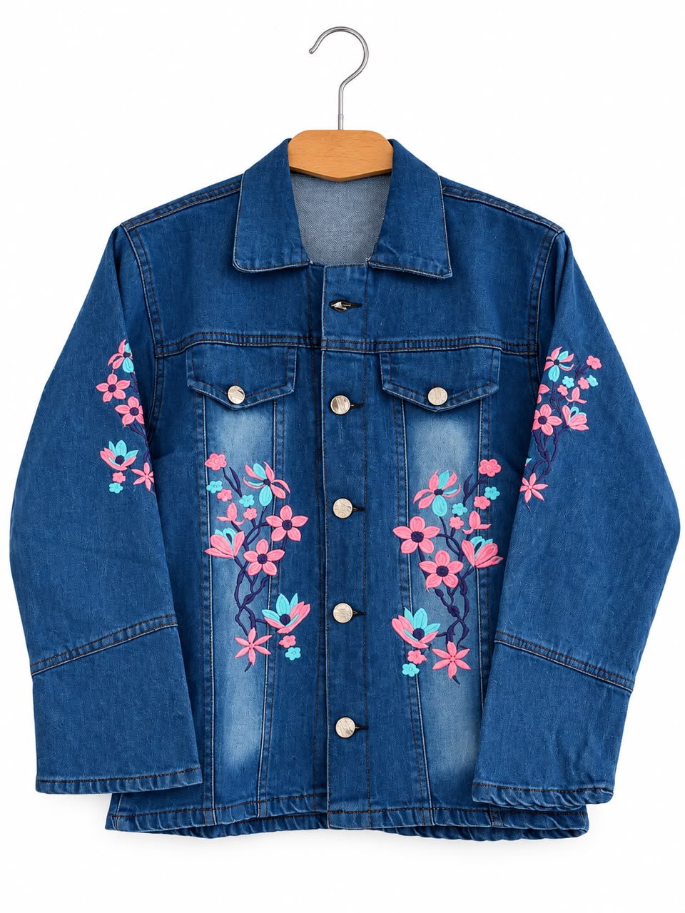 Blue Denim Jacket with Pink Floral Embroidery – Girls