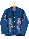 Blue Denim Jacket with Pink Floral Embroidery – Girls