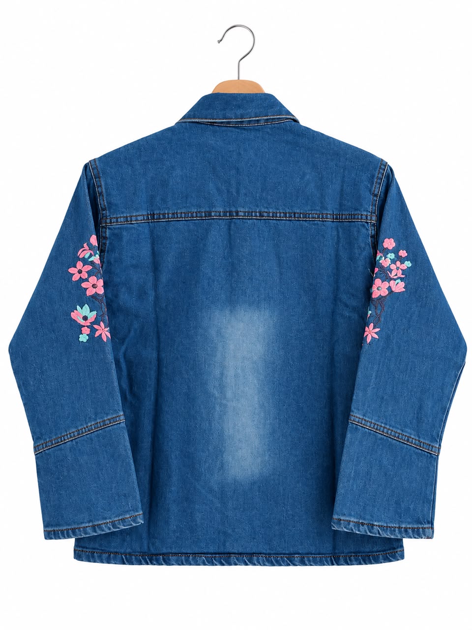 Blue Denim Jacket with Pink Floral Embroidery – Girls