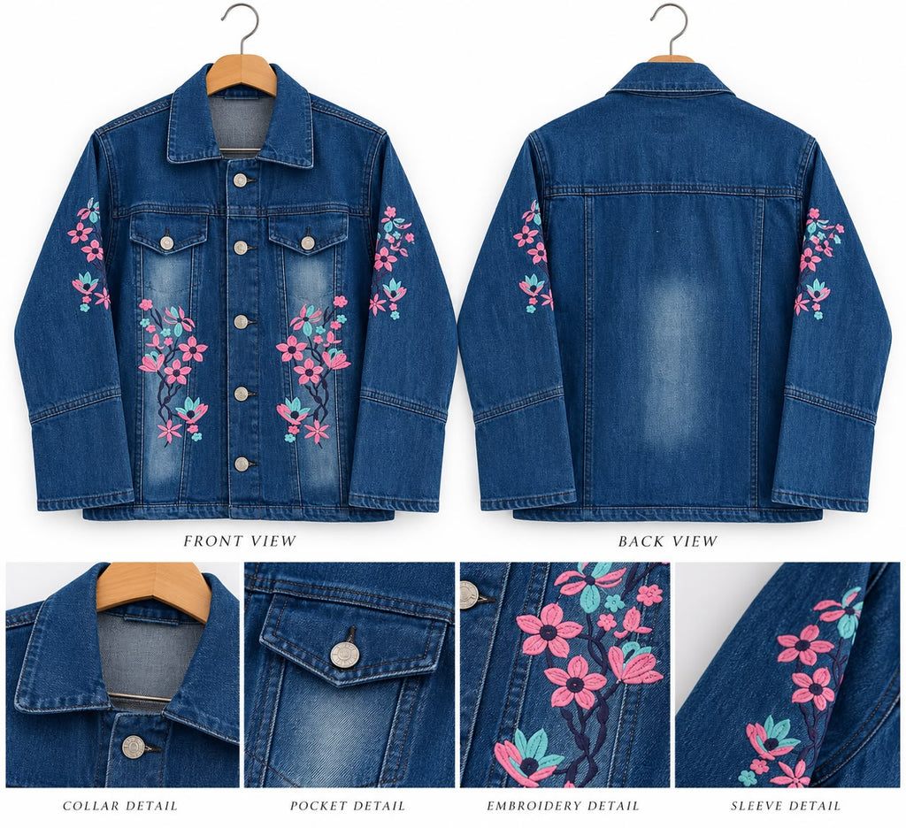 Blue Denim Jacket with Pink Floral Embroidery – Girls