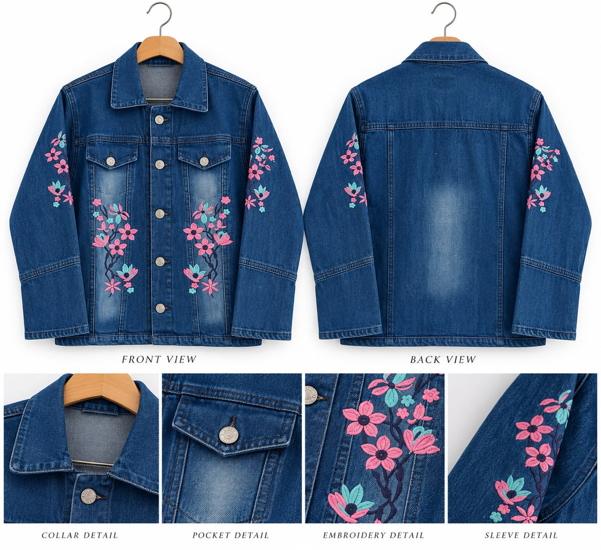 Blue Denim Jacket with Pink Floral Embroidery – Girls